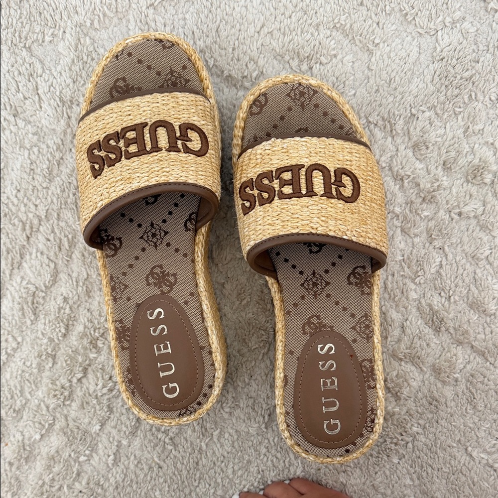 GUESS Natural Straw Slides with Brown Logo
